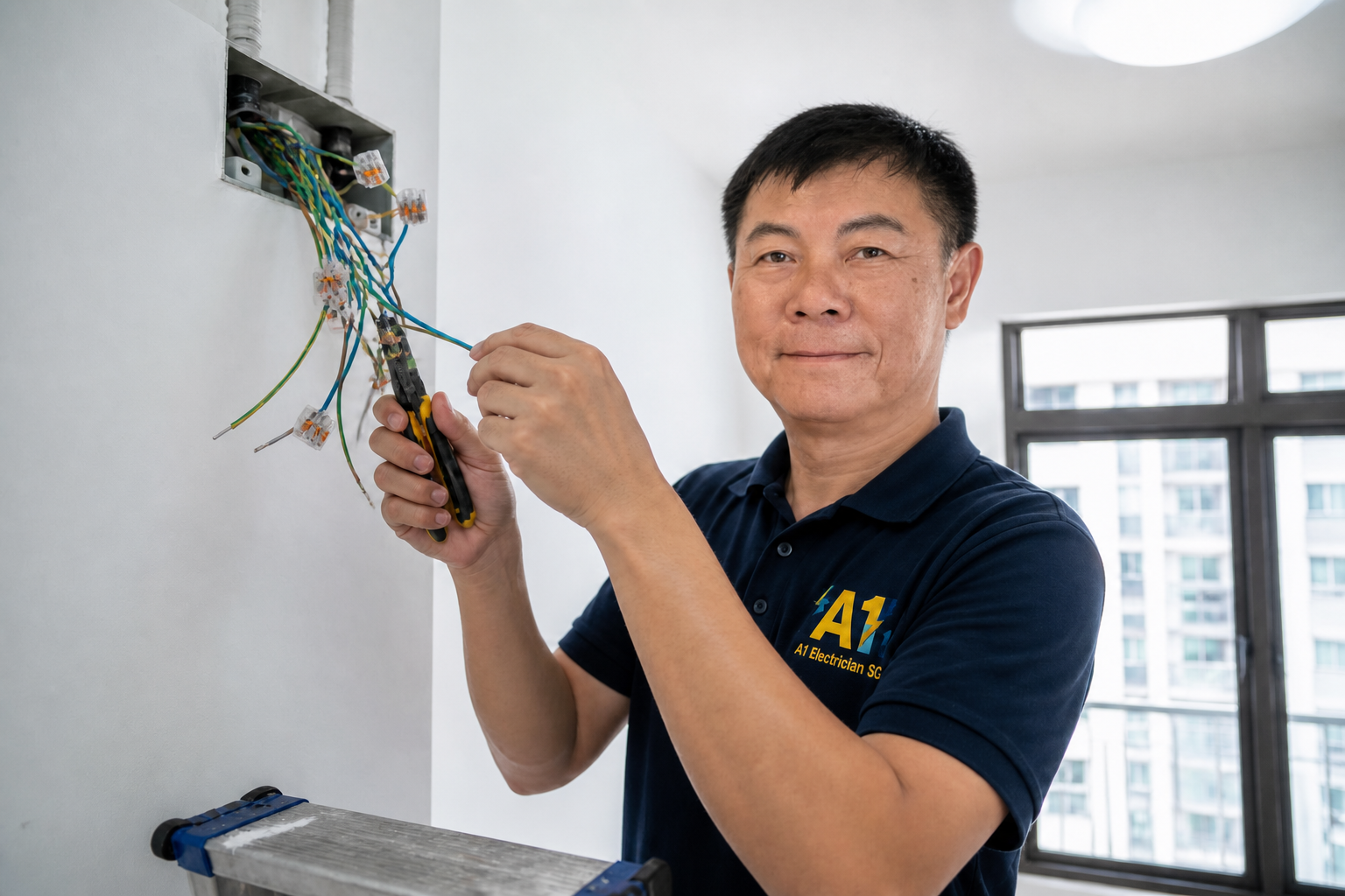 Jason, A1 Electrician SG, wiring a junction box in a Singapore HDB flat